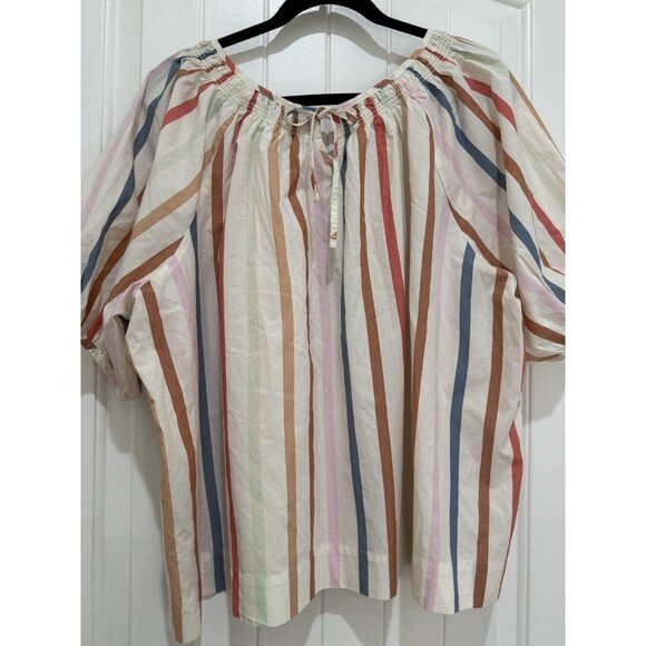 Berkley Jensen Striped Smocked Neck  Blouse Puff Sleeve Relaxed Cropped Sz XXL a - Picture 2 of 7